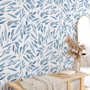 Peel and Stick Removable Wallpaper Blue Watercolor Leaves Wallpaper Living Room Wallpaper Navy Blue Wallpaper