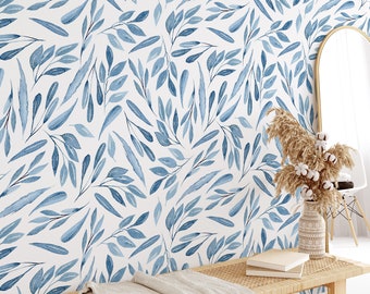 Peel and Stick Removable Wallpaper Blue Watercolor Leaves Wallpaper Living Room Wallpaper Navy Blue Wallpaper