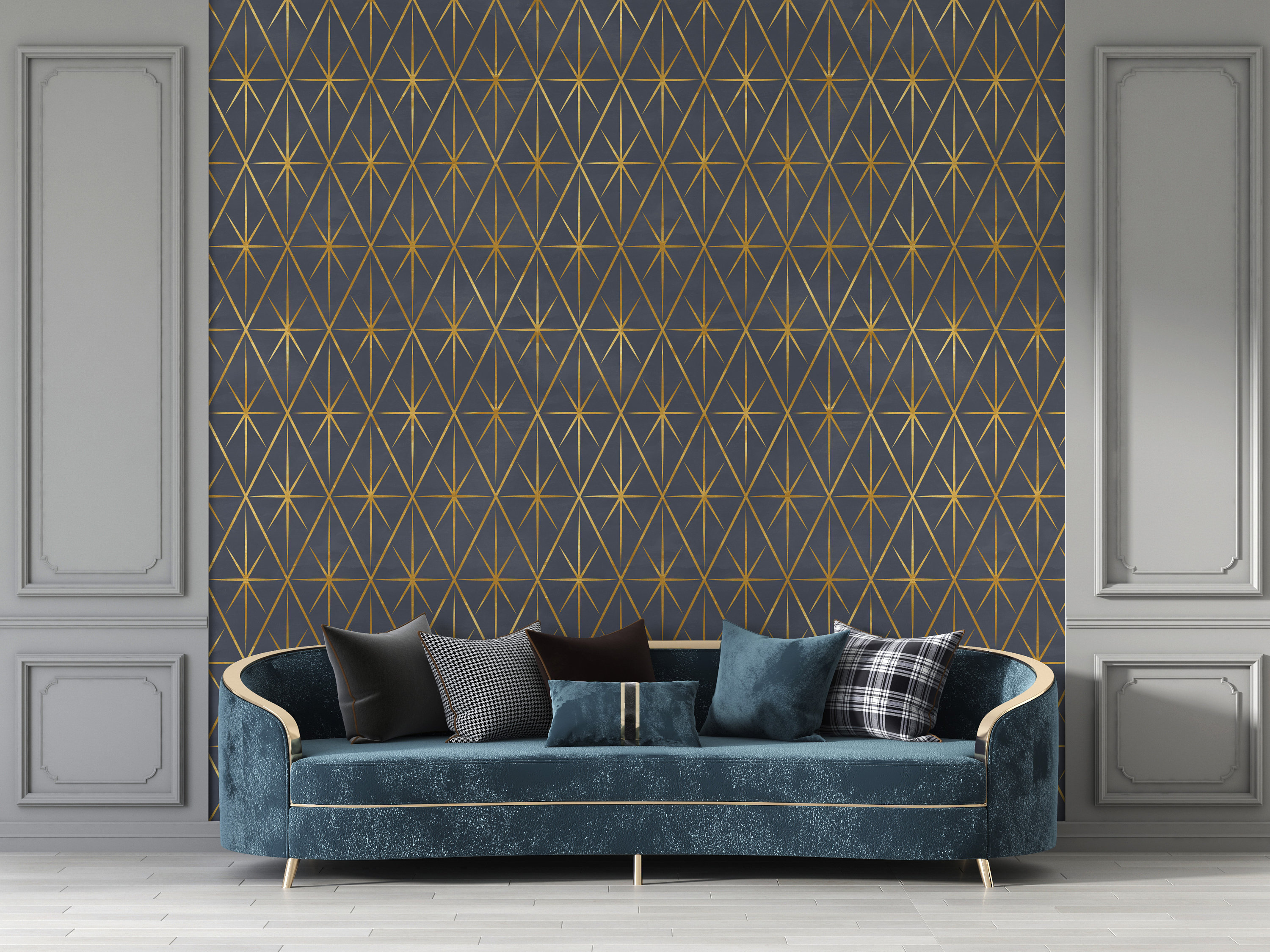 AS Creation  Gold Grey  Blue Metallic Geometric Wallpaper