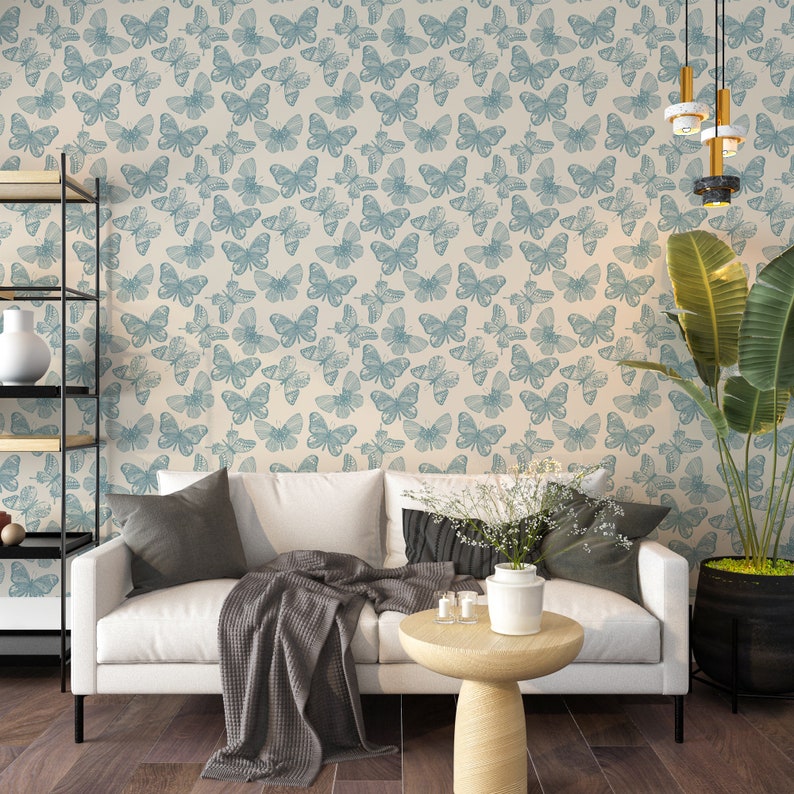 Blue Vintage Butterfly Temporary Wallpaper Roll - Aesthetic Butterfly on Beige Background Modern Removable Wallpaper for Renters