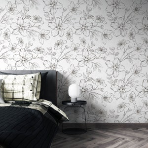 Self Adhesive Wallpaper Black and White Wallpaper Floral Wallpaper Bathroom Art Back and White Vintage Nursery Wall Covering image 2