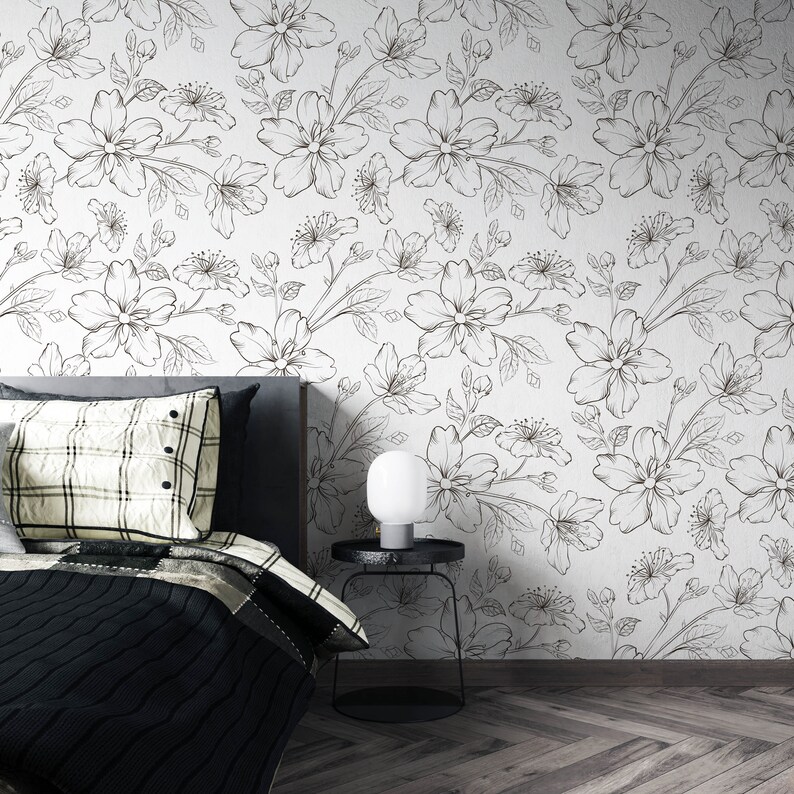 Self Adhesive Wallpaper Black and White Wallpaper Floral Wallpaper Bathroom Art Back and White Vintage Nursery Wall Covering image 2