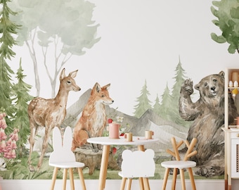 Woodland Wallpaper Forest Animal Peel and Stick Mural - Large Scale Woodland Scenic Nursery Removable Wallpaper