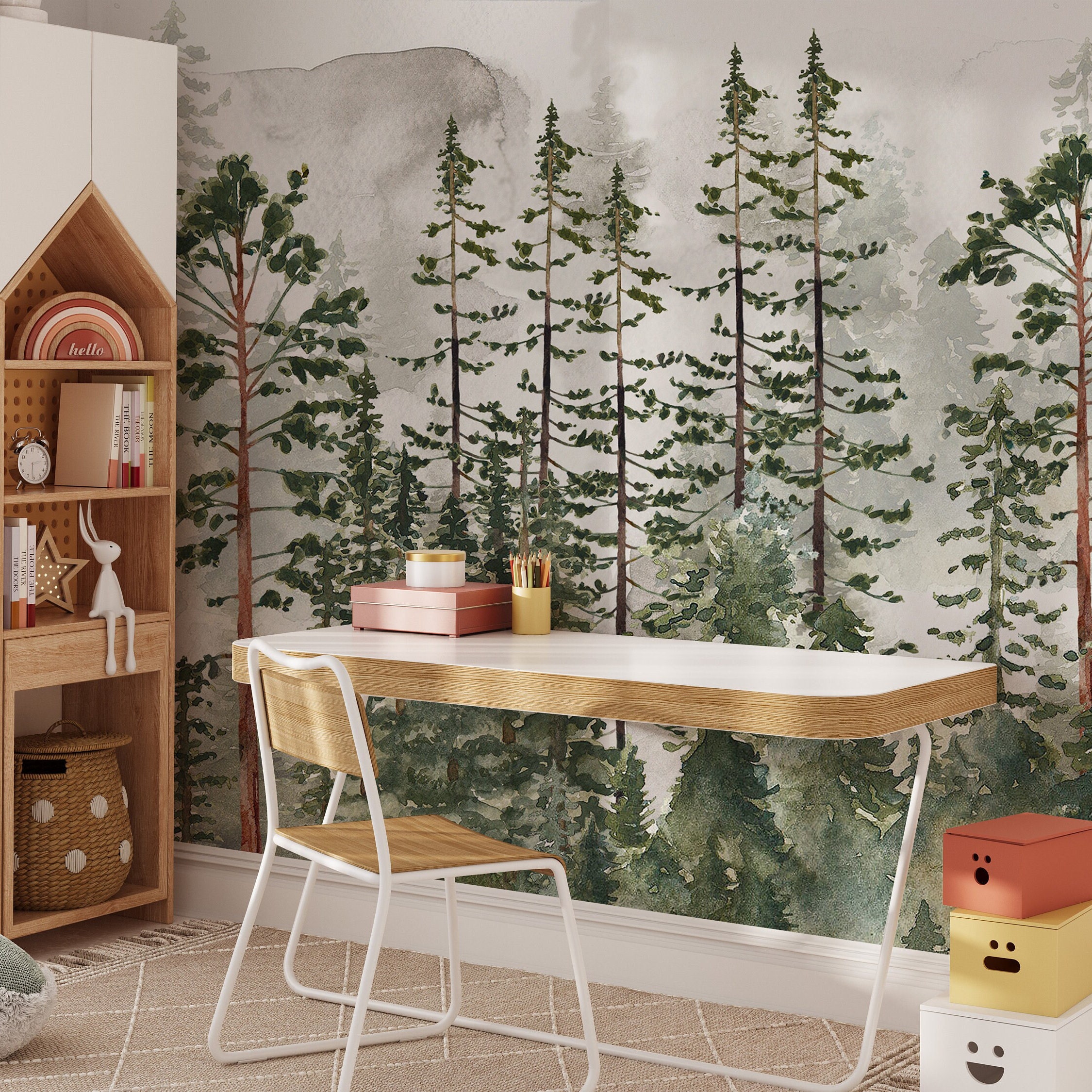 Foggy Pine Tree Woodland Forest Peel and Stick Wall Mural - Fairy Tree ...