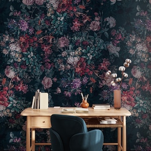 Dark Floral Peel and Stick Wallpaper Texture Mural Dark Vintage Floral Wallpaper Mural Botanical Dark Floral Print