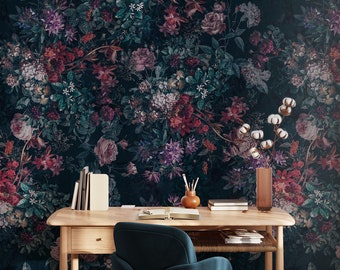 Dark Floral Peel and Stick Wallpaper Texture Mural Dark Vintage Floral Wallpaper Mural Botanical Dark Floral Print