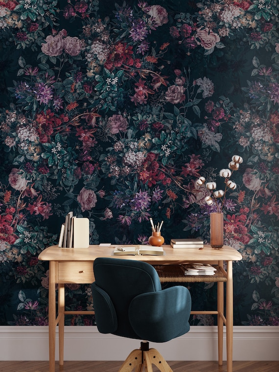Dark Floral Peel and Stick Wallpaper Texture Mural Dark Vintage Floral Wallpaper Mural Botanical Dark Floral Print EZW69