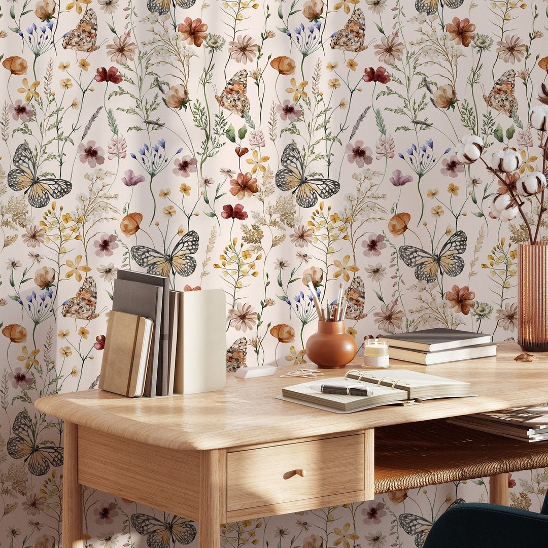 Butterfly Peel and Stick Wallpaper Flower Wall Mural Botanical ...