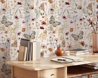 Butterfly Peel and Stick Wallpaper Flower Wall Mural Botanical Wallpaper Watercolor Floral Self Adhesive Wall Nursery Floral Wallpaper