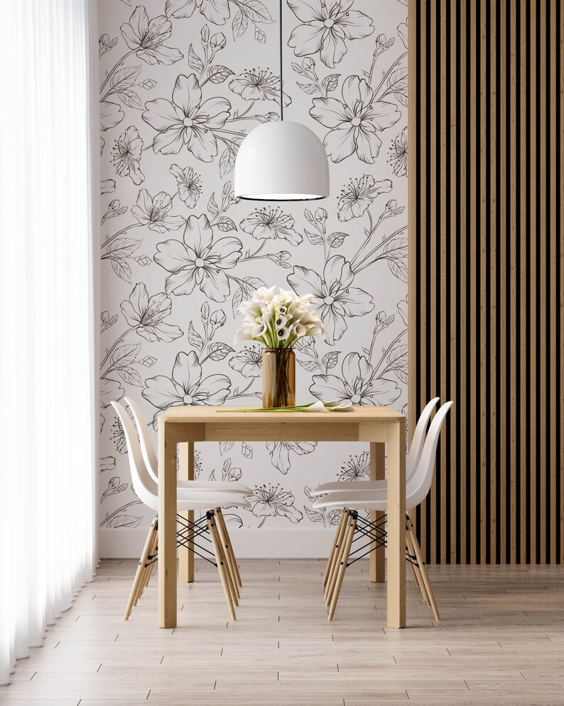 Self Adhesive Wallpaper Black and White Wallpaper Floral Wallpaper Bathroom Art Back and White Vintage Nursery Wall Covering image 5