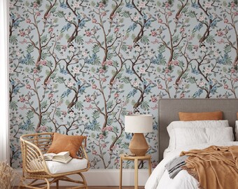 Removable Wall Paper Peel and Stick Wallpaper Light Blue Wall Paper Mural Chinoiserie Wallpaper Tree Wallpaper Birds Wallpaper Pink