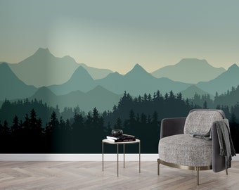 Peel and Stick Removable Wallpaper - Traditional Wall Mural - Foggy Mountain Forest Wall Mural - Green Tree Wallpaper - Forest Wall Art