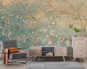 Vintage florals on grunge wall Birds Green and Rose Sakura Chinoiserie Wallpaper Removable Wallpaper Peel and Stick Wallpaper Wall Mural