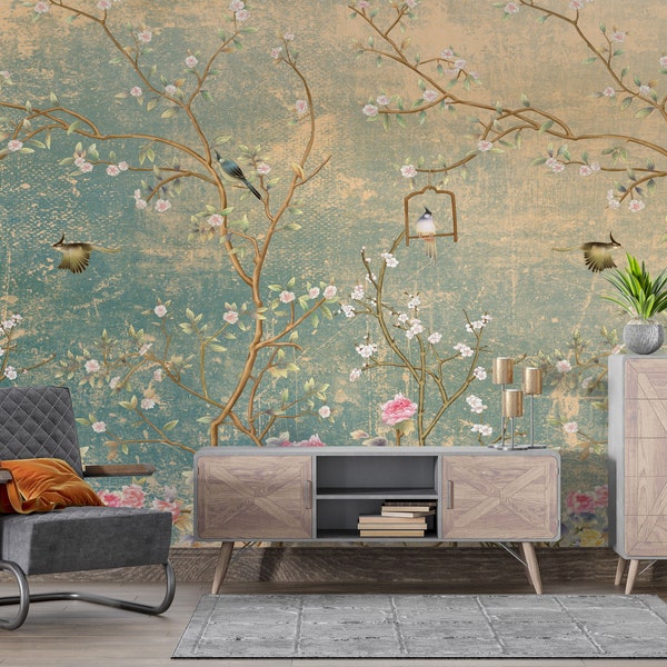 Vintage florals on grunge wall Birds Green and Rose Sakura Chinoiserie Wallpaper Removable Wallpaper Peel and Stick Wallpaper Wall Mural