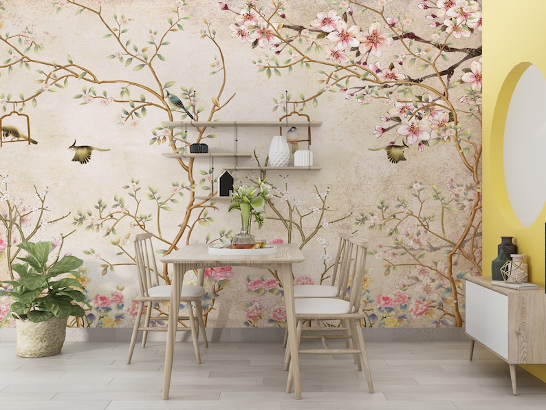 Vintage florals Cherry Blossom Tree Chinoiserie Wallpaper Removable Wallpaper Peel and Stick Wallpaper Wall Mural Cherry blossom EZW212 image 5