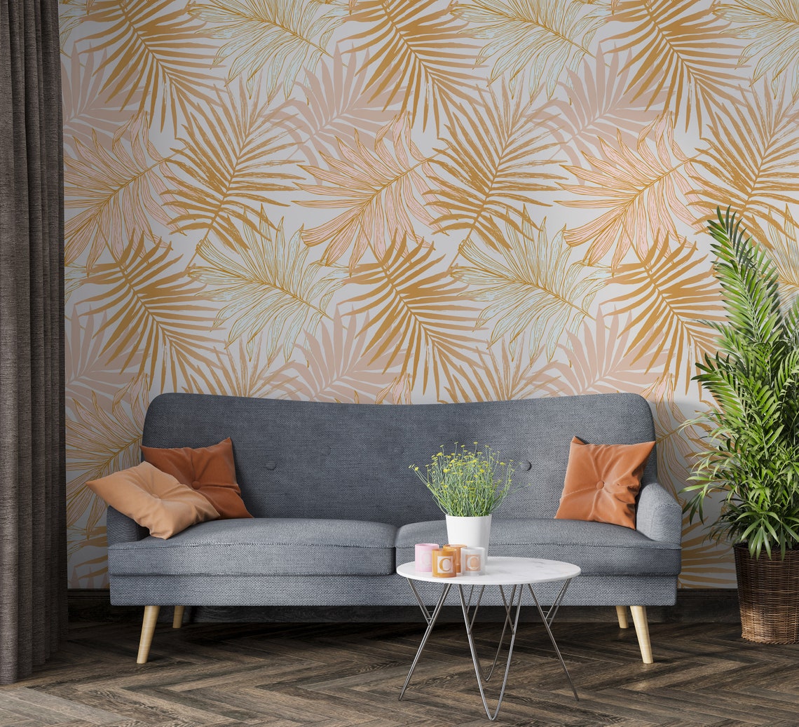 Removable Wallpaper Gold Tropical Leaf Print Wallpaper Gold Etsy