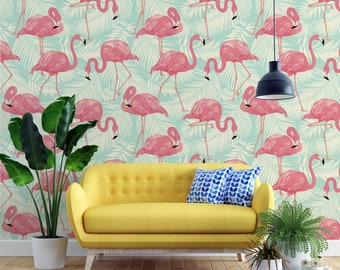 Removable Wall Paper Self Adhesive Flamingo Print Tropical Wallpaper Pink Wall Art Floral Flamingo Art Flamingo Wallpaper Flamingo Wall Art