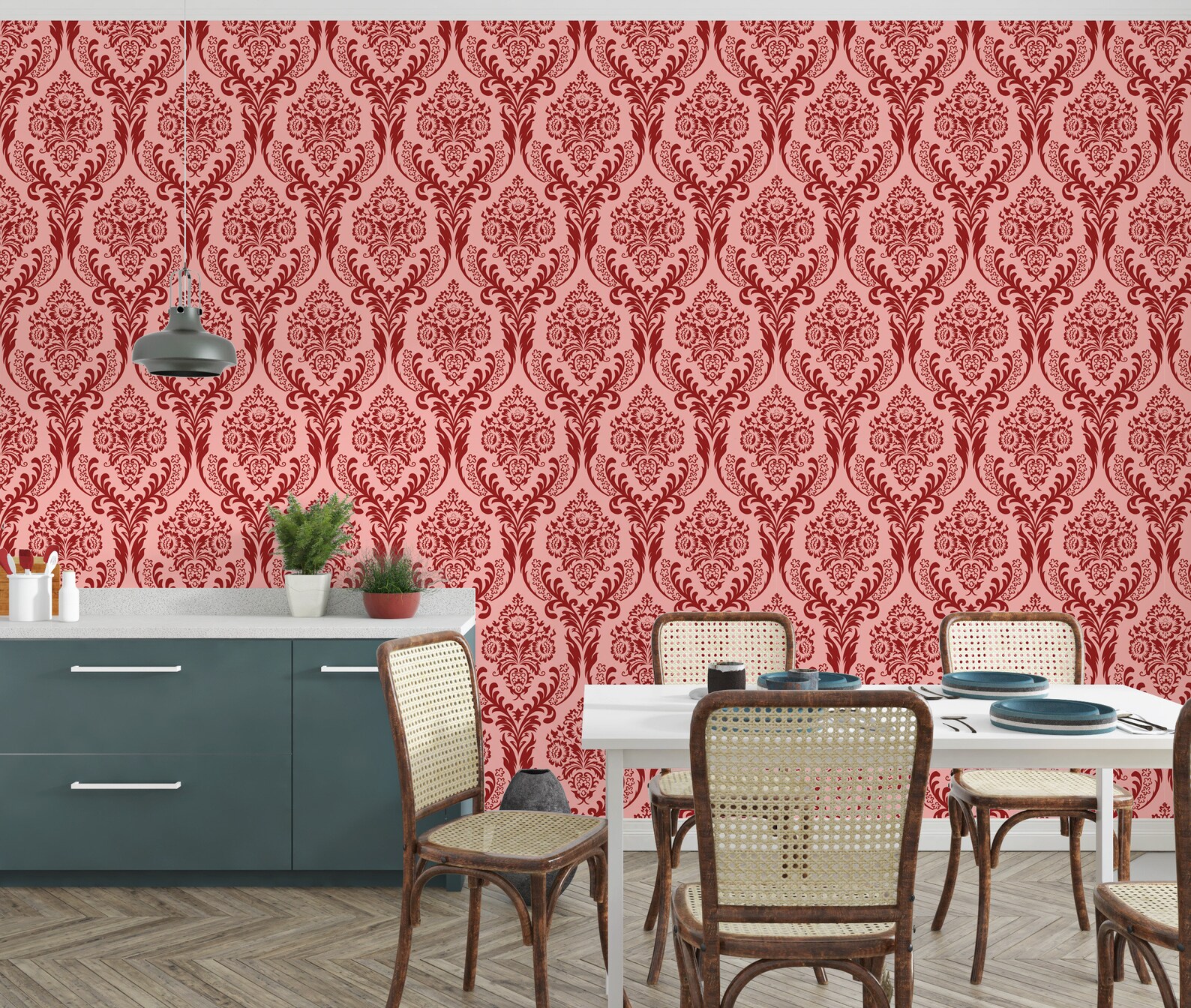 Removable Wallpaper Red Damask Wallpaper Damask Wallpaper Wall Etsy