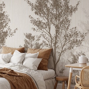Vintage Forest Landscape Peel and Stick Mural Wallpaper - Luxury Brown Forest Trees with Texture Effect Self Adhesive Wallpaper for Renters