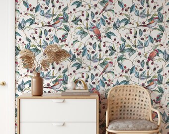 Peel and Stick Wallpaper Mural Wild Berries Deco Wallpaper Wall Art Bird Botanical Wallpaper Flying Bird Wall Decor Garden Wall Decal