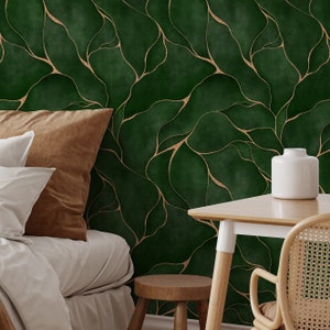 Modern Dark Emerald Green Temporary Wallpaper Peel and Stick-Luxury Elegant Abstract Lines with Golden Effect Wallcovering for Renters EW106