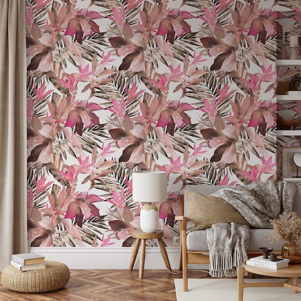 Peel and Stick Wallpaper Floral Large Scale Mural Pink Leaf Wallpaper Pink Tropical Wallpaper Watercolor Floral Tropical Wallpaper