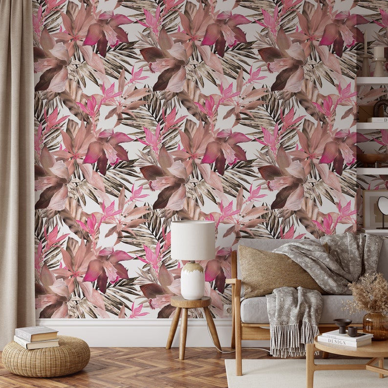 Peel and Stick Wallpaper Floral Large Scale Mural Pink Leaf Etsy