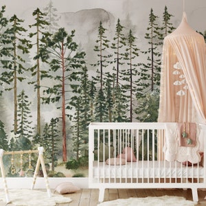 Foggy Pine Tree Woodland Forest Peel and Stick Wall Mural - Fairy Tree ...