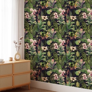 Dark Tropical Peel and Stick Wallpaper Botanical Wall Mural Tropical Cactus Wallpaper and Flowers Wall Mural