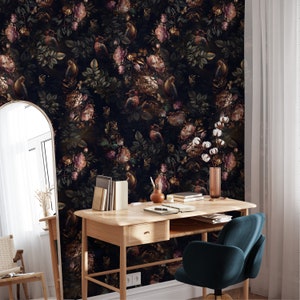 Dark Floral Wallpaper Peel and Stick Dark Blossom Large Wall Mural Vintage Floral Wallpaper Butterfly Wallpaper EZW70