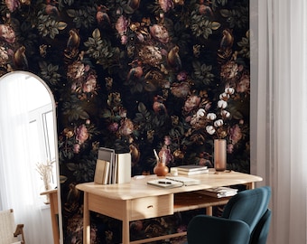 Dark Floral Moody Wallpaper Peel and Stick Blossom Large Wall Mural Vintage Floral Wallpaper Butterfly Wallpaper EZW70