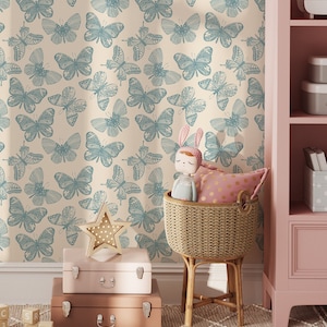 Blue Vintage Butterfly Temporary Wallpaper Roll - Aesthetic Butterfly on Beige Background Modern Removable Wallpaper for Renters
