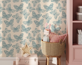 Vintage Butterfly Temporary Wallpaper Roll - Butterfly on Beige Background Modern Girls Room Removable or Traditional Wallpaper