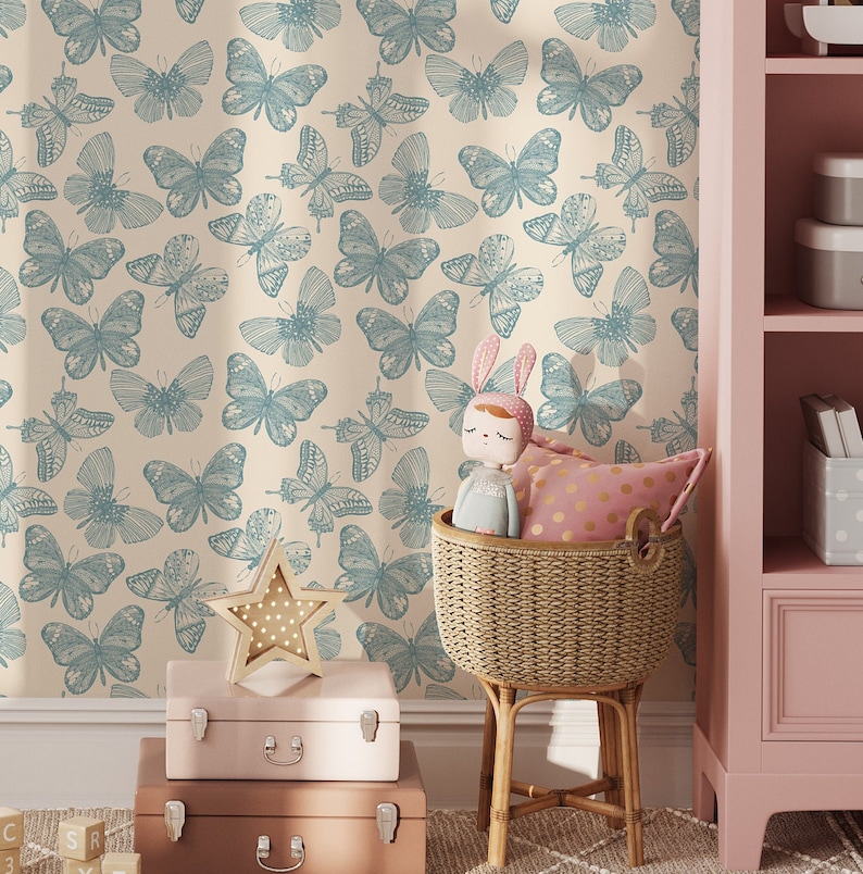 Blue Vintage Butterfly Temporary Wallpaper Roll - Aesthetic Butterfly on Beige Background Modern Removable Wallpaper for Renters