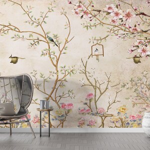 Vintage florals Cherry Blossom Tree Chinoiserie Wallpaper Removable Wallpaper Peel and Stick Wallpaper Wall Mural Cherry blossom EZW212 image 1