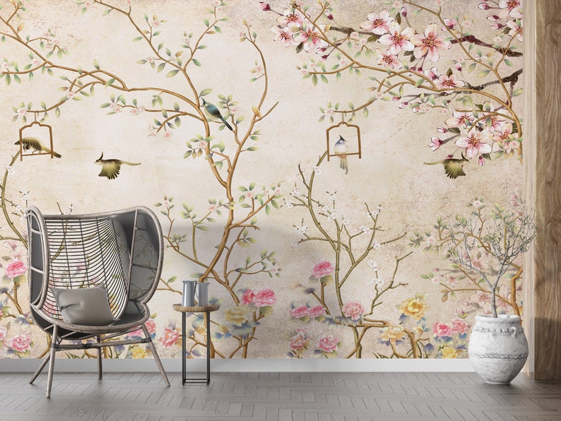 Vintage florals Cherry Blossom Tree Chinoiserie Wallpaper Removable Wallpaper Peel and Stick Wallpaper Wall Mural Cherry blossom EZW212 image 1