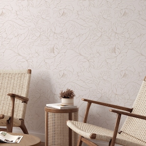 Beige Minimalist Line Art Peony Wallpaper Peel and Stick - Large Scale Floral Boho Beige Removable or Traditional Wallpaper