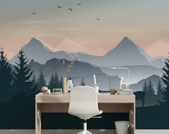 Peel and Stick Wallpaper Removable Wallpaper Wall Covering Forest Mural Removable Wall Paper Mountains Mural Foggy Forest Landscape Mural