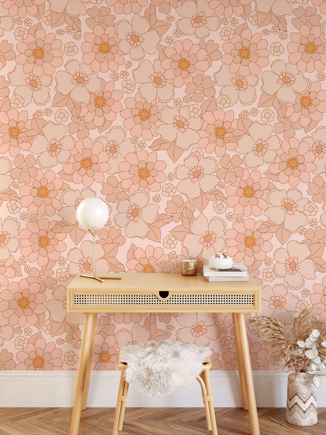 Peel and Stick Wallpaper Retro Floral Large Scale Mural Vintage Floral ...
