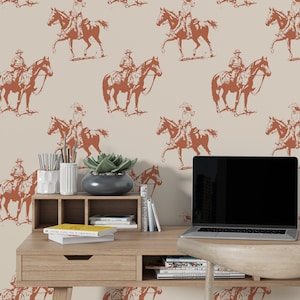 Cowboy Western Removable Wallpaper Peel and Stick - Boho Wild West Cowboy with Horse in Vintage Style Temporary Wallpaper for Renters