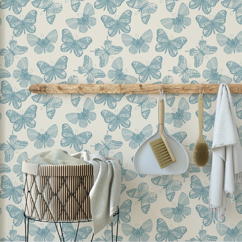 Blue Vintage Butterfly Temporary Wallpaper Roll - Aesthetic Butterfly on Beige Background Modern Removable Wallpaper for Renters
