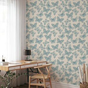 Blue Vintage Butterfly Temporary Wallpaper Roll - Aesthetic Butterfly on Beige Background Modern Removable Wallpaper for Renters