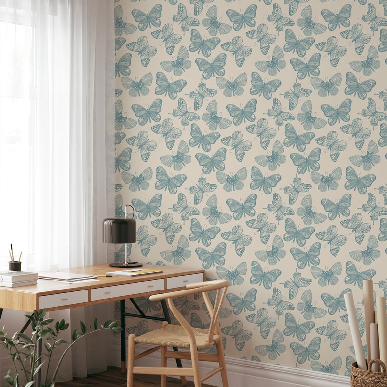 Blue Vintage Butterfly Temporary Wallpaper Roll - Aesthetic Butterfly on Beige Background Modern Removable Wallpaper for Renters