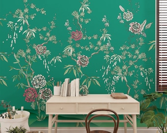 Peel and Stick Wallpaper Chinoiserie Wallpaper Modern Wall Mural Self Adhesive Removable Green Wallpaper Chinese Illustration