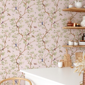 Chaumont Chinoiserie Style Wallpaper Peel and Stick - Vintage Tree and Bird on Pink Background Botanical Temporary Wallpaper for Renters