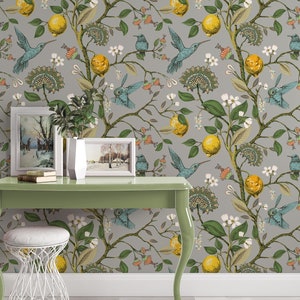 Peel and Stick Wallpaper Removable Paper Chinoiserie Wallpaper Lemon Wallpaper Tree Wallpaper Lemon Tree Hummingbird Art Exotic Birds Boho