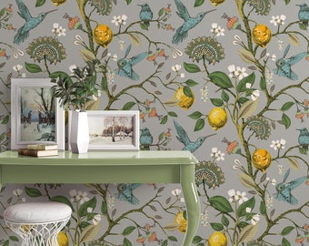 Peel and Stick Wallpaper Removable Paper Chinoiserie Wallpaper Lemon Wallpaper Tree Wallpaper Lemon Tree Hummingbird Art Exotic Birds EZW89