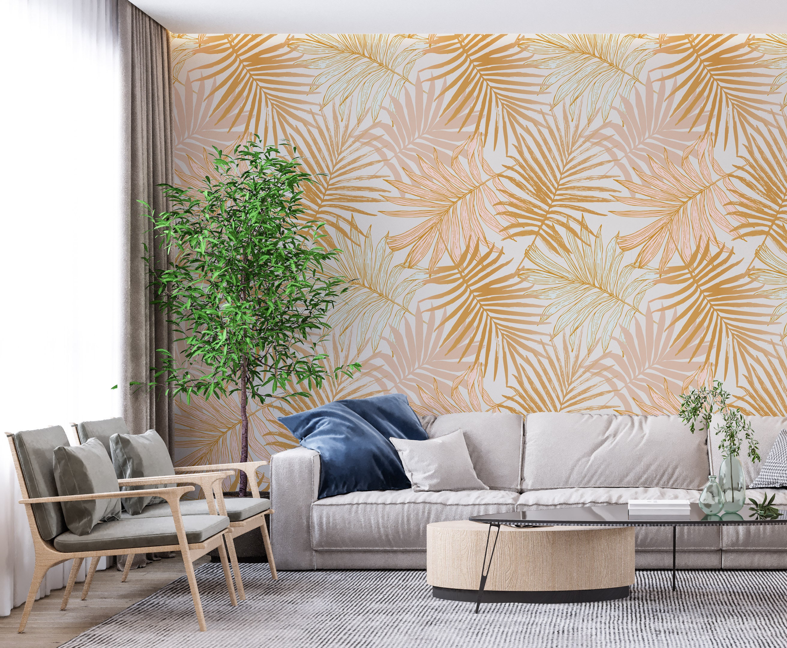 Removable Wallpaper Gold Tropical Leaf Print Wallpaper Gold | Etsy