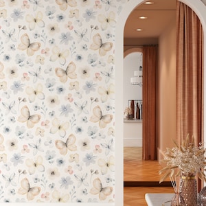 Peel and Stick Wallpaper Watercolor Wallpaper Bohemian Wallpaper Floral Adhesive Girls Wallpaper Beige Shade Butterfly Flower Wallpaper