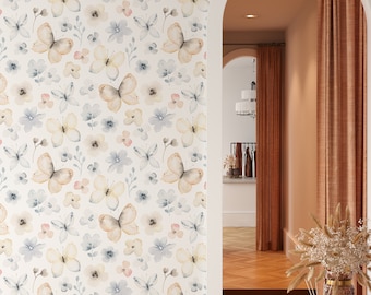 Peel and Stick Wallpaper Watercolor Wallpaper Bohemian Wallpaper Floral Adhesive Girls Wallpaper Beige Shade Butterfly Flower Wallpaper